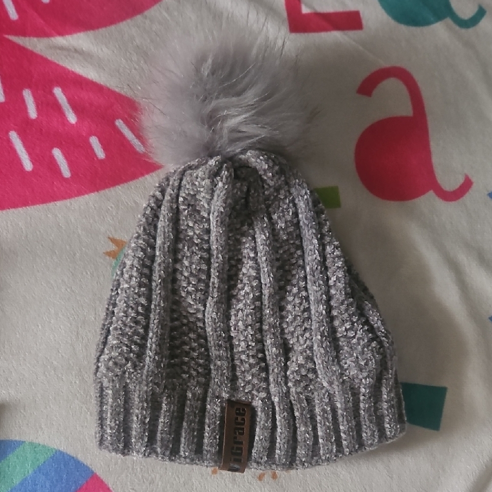 Gray Knit Pom-Pom Beanie for Babies